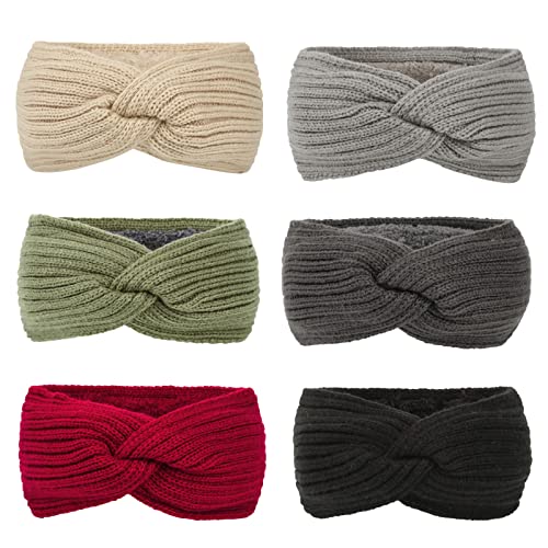 6 Stück Stirnband Damen Winter,Strick Haarband mit Twist Knoten und Rippenmuster Breite Plüsch Kopfband Elastische Haarbänder Warme Herbst Winter Stirnbänder Frauen 23.5x11cm,Farbe G von Blausky