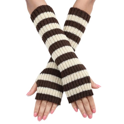Blausky 1 Paar Damen Dehnbare Häkelhandschuh,Lang Fingerlos Gestrickte Armstulpen Wärmer Gestreift Strickhandschuhe Winter Handschuhe Strick Gloves Handwärmer Stulpen 30x7cm,Kaffee-Beige von Blausky