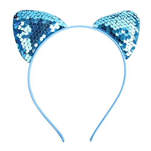 Blausky 2 Stück Pailletten Katze Stirnband,Niedlich Ears Headband Reversibel Fischschuppen-Pailletten Glänzend Haarbänder Stirnbänder Haarreifen mit Katzenohren für Frauen Täglich Tragen,Blau von Blausky