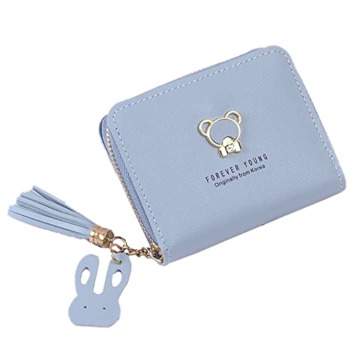 Damen Geldbeutel,Klein und im Kurzformat Portemonnaie Mini Geldbeutel aus PU Leder,Brieftasche Quaste Geldbörse mit 2 Stück Zipper und vielen Fächern,für Münze Kleingeld,Blau von Blausky