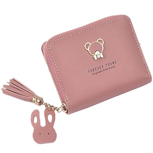 Damen Geldbeutel,Klein und im Kurzformat Portemonnaie Mini Geldbeutel aus PU Leder,Brieftasche Quaste Geldbörse mit 2 Stück Zipper und vielen Fächern,für Münze Kleingeld,Dunkelrosa von Blausky