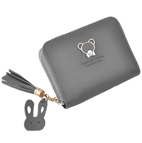 Damen Geldbeutel,Klein und im Kurzformat Portemonnaie Mini Geldbeutel aus PU Leder,Brieftasche Quaste Geldbörse mit 2 Stück Zipper und vielen Fächern,für Münze Kleingeld,Grau von Blausky