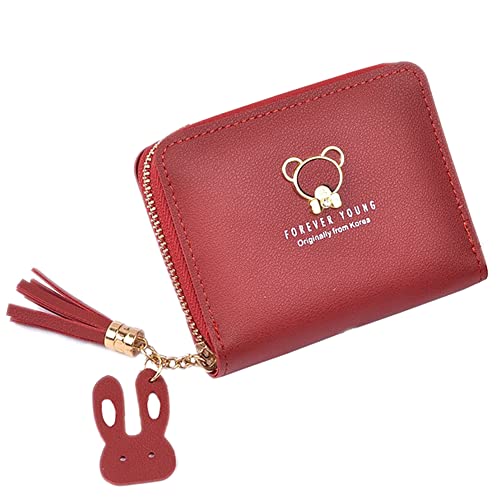 Damen Geldbeutel,Klein und im Kurzformat Portemonnaie Mini Geldbeutel aus PU Leder,Brieftasche Quaste Geldbörse mit 2 Stück Zipper und vielen Fächern,für Münze Kleingeld,Rot von Blausky