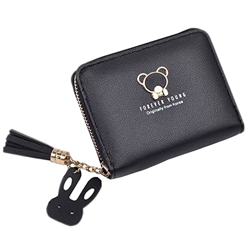 Damen Geldbeutel,Klein und im Kurzformat Portemonnaie Mini Geldbeutel aus PU Leder,Brieftasche Quaste Geldbörse mit 2 Stück Zipper und vielen Fächern,für Münze Kleingeld,Schwarz von Blausky