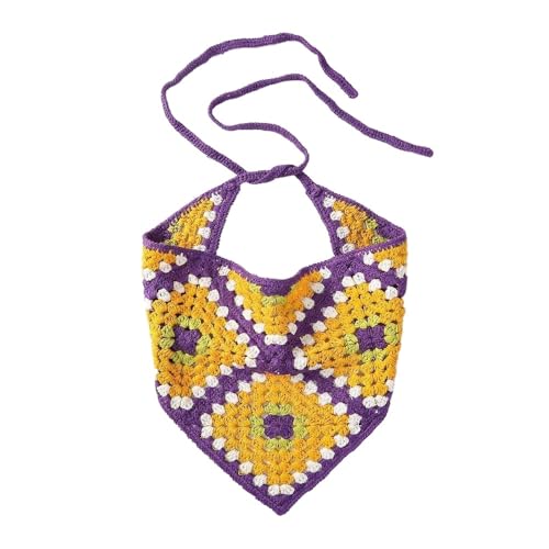 Damen Häkel-Bandana,Dreieck Kopftücher Turban Haarbänder Boho Stirnbänder Vintage Headwrap Haarband Krawatte Gestrickter Haarschal kopftuch Haarschmuck für Frauen 54x14cm,Gelbviolett von Blausky