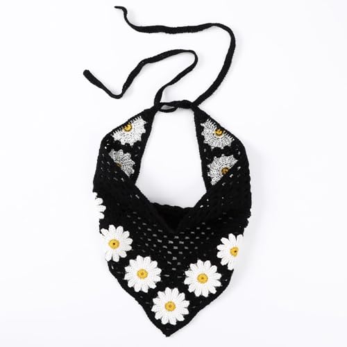 Damen Häkel-Bandana,Dreieck Kopftücher Turban Haarbänder Boho Stirnbänder Vintage Headwrap Haarband Krawatte Gestrickter Haarschal kopftuch Haarschmuck für Frauen 54x14cm,Schwarz A von Blausky