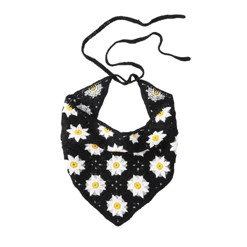 Damen Häkel-Bandana,Dreieck Kopftücher Turban Haarbänder Boho Stirnbänder Vintage Headwrap Haarband Krawatte Gestrickter Haarschal kopftuch Haarschmuck für Frauen 54x14cm,Schwarz von Blausky