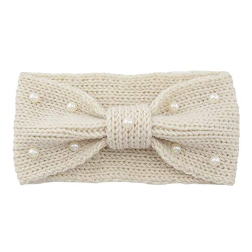 Gestrickt Stirnband Winter,Elastische Haarband mit Knoten Strick Breite Kopfband Ohrenwärmer Schleifen Haarbänder mit Perlen Headwrap Kopfband für Damen/Frauen 11x21cm,Beige von Blausky