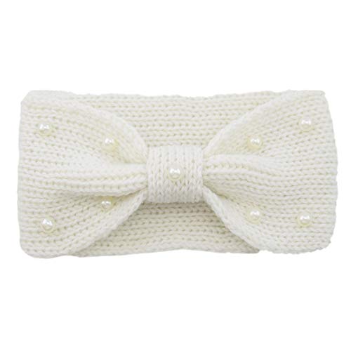 Gestrickt Stirnband Winter,Elastische Haarband mit Knoten Strick Breite Kopfband Ohrenwärmer Schleifen Haarbänder mit Perlen Headwrap Kopfband für Damen/Frauen 11x21cm,Creme von Blausky