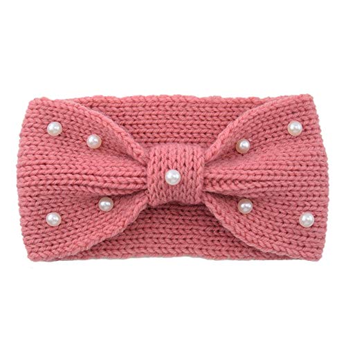 Gestrickt Stirnband Winter,Elastische Haarband mit Knoten Strick Breite Kopfband Ohrenwärmer Schleifen Haarbänder mit Perlen Headwrap Kopfband für Damen/Frauen 11x21cm,Dunkelrosa von Blausky