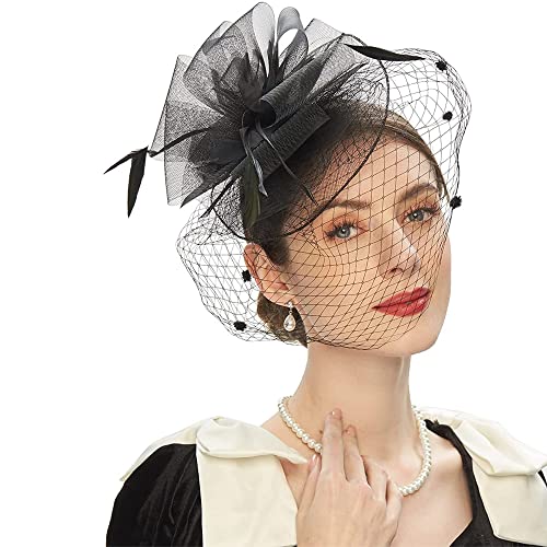 Hochzeit Kopfschmuck für Damen,Fascinators Hut Pillbox Hut mit Haarclips Braut Haarschmuck aus Mesh Tüll Federn Haarschmuck Haarspange Schleier Damen für Teeparty Party,Schwarz von Blausky