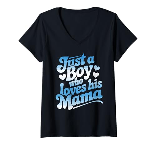 Damen Just A Boy Who Loves His Mama Retro Herz Blau Muttertag T-Shirt mit V-Ausschnitt von Blauverlauf Retro Mama Junge Liebe Herz Spruch