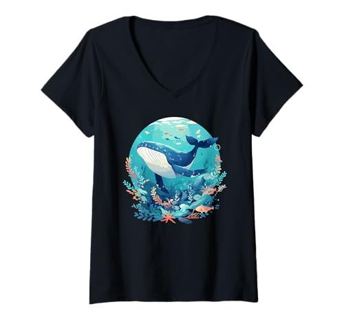 Damen Blauwale Blauwal T-Shirt mit V-Ausschnitt Damen Blauwale Blauwal T-Shirt mit V-Ausschnitt von Blauwale Blauwal Tier Shop