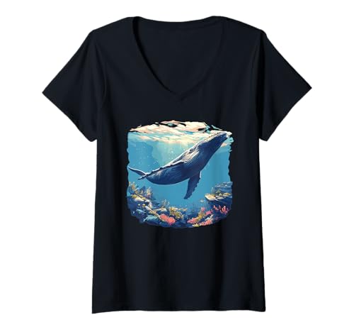 Damen Blauwale Blauwal T-Shirt mit V-Ausschnitt von Blauwale Blauwal Tier Shop