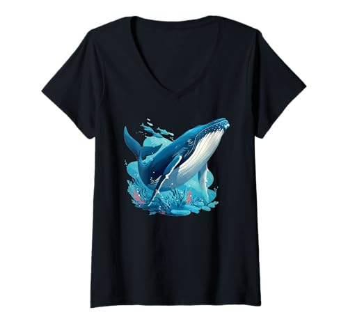 Damen Blauwale Blauwal T-Shirt mit V-Ausschnitt Damen Blauwale Blauwal T-Shirt mit V-Ausschnitt von Blauwale Blauwal Tier Shop