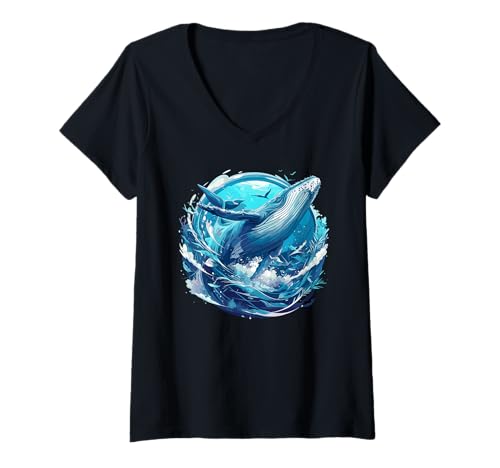 Damen Blauwale Blauwal T-Shirt mit V-Ausschnitt Damen Blauwale Blauwal T-Shirt mit V-Ausschnitt von Blauwale Blauwal Tier Shop