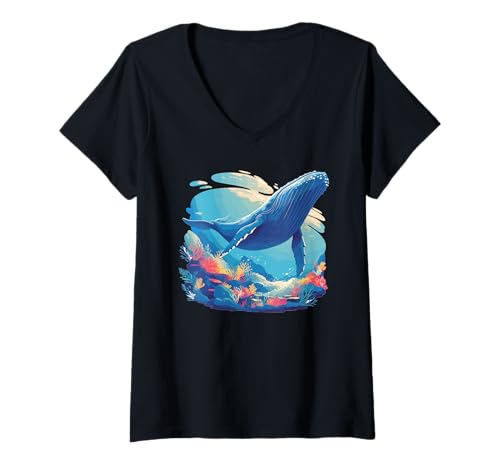 Damen Blauwale Blauwal T-Shirt mit V-Ausschnitt Damen Blauwale Blauwal T-Shirt mit V-Ausschnitt von Blauwale Blauwal Tier Shop