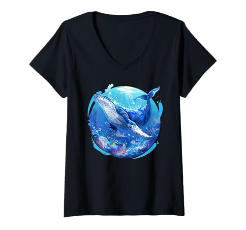 Damen Blauwale Blauwal T-Shirt mit V-Ausschnitt Damen Blauwale Blauwal T-Shirt mit V-Ausschnitt von Blauwale Blauwal Tier Shop