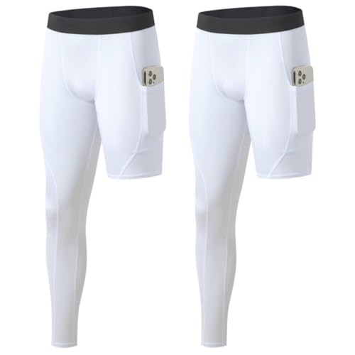 Blaward 2er-Pack Herren-Kompressionshosen, einbeinig, enganliegend, lange Sporthose mit Taschen für Basketball, Baselayer-Leggings, Weiß + rechts lang, X-Groß von Blaward
