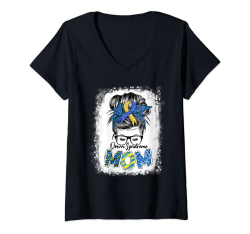 Damen Bleached Down Syndrome Mom Awareness Messy Bun Haar Geschenk T-Shirt mit V-Ausschnitt Damen Bleached Down Syndrome Mom Awareness Messy Bun Haar Geschenk T-Shirt mit V-Ausschnitt von Bleached Down Syndrome Mom Awareness Bun Hair