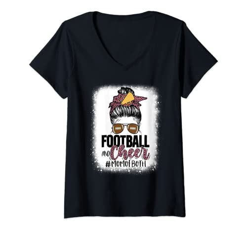 Damen Football Cheer Cheer Leading Mom Of Both Messy Bun gebleicht T-Shirt mit V-Ausschnitt Damen Football Cheer Cheer Leading Mom Of Both Messy Bun gebleicht T-Shirt mit V-Ausschnitt von Bleached Leopard Football Cheer Mom