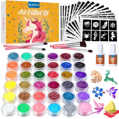 Bledras Glitzer Tattoo Set Kinder, 36 Farben Glitzertattoos für Mädchen, 178 Schablonen, 4 Pinsel, 2 Kleber, Geschenke für Kinder im Alter von 3 bis 12 Jahren, Wunderschön Verpackt von Bledras