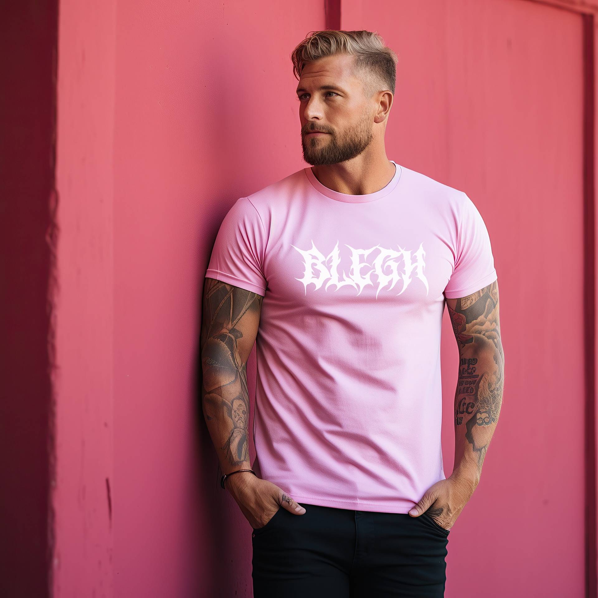 Rosa Herren T-Shirt Blegh, Metalcore, Elder Emo, Heavy Metal, Doommetal Metalhead Headbang Metalmusik Pink Shirt von BleghDE