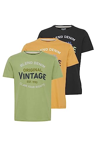 Blend 20715608 Herren T-Shirt Kurzarm Shirt mit Print Rundhals-Ausschnitt Frontprint hochwertige Baumwoll-Qualität 3-Pack Multipack, Größe:L, Farbe:Green Eye Narcissus Black (202303) von b BLEND
