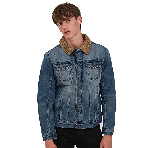 Blend 20712407 BHDenim Jacket Herren Jeansjacke Denim Übergangsjacke Jeansjacke mit Teddykragen Hemdkragen Used-look Regular Fit, Größe:M, Farbe:Denim middle blue (200291) von b BLEND