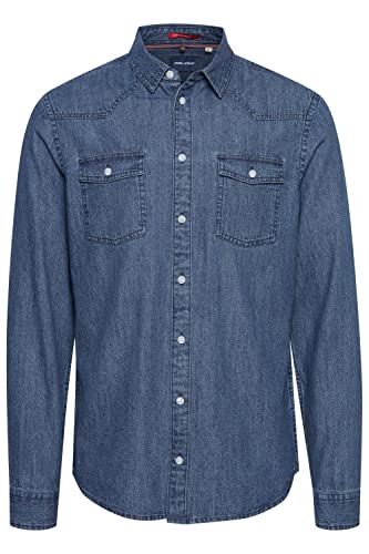 Blend BHNANTES Herren Freizeithemd Hemd Jeans-Look in Washed-Out Optik Reine Baumwolle, Größe:L, Farbe:Denim Middle Blue (200291) von b BLEND