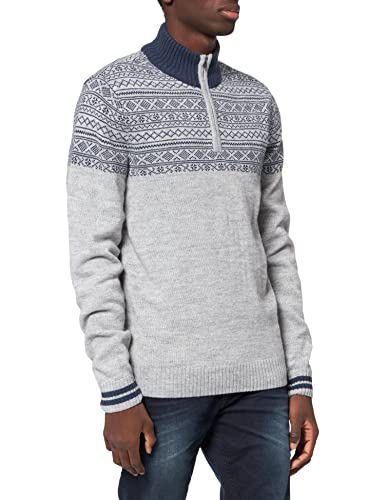 Blend 20713171 Herren Strickpullover Grobstrick Pullover Troyer mit Reißverschluss und Norweger Muster, Größe:L, Farbe:Stone Mix (200274) von b BLEND