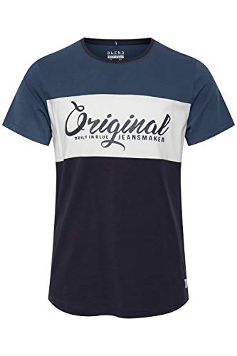 Blend Nero Herren T-Shirt Kurzarm Shirt Print Mit Streifen Und Rundhalsausschnitt, Größe:M, Farbe:Navy (70230) von b BLEND