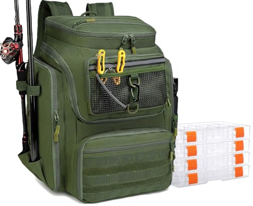 BlesMaller Angelrucksack mit Rutenhaltern 45L große Angeltasche wasserabweisend Angelausrüstung Rucksack für Angeln Wandern Camping Trekking (Grün mit 4 Boxen) von BlesMaller