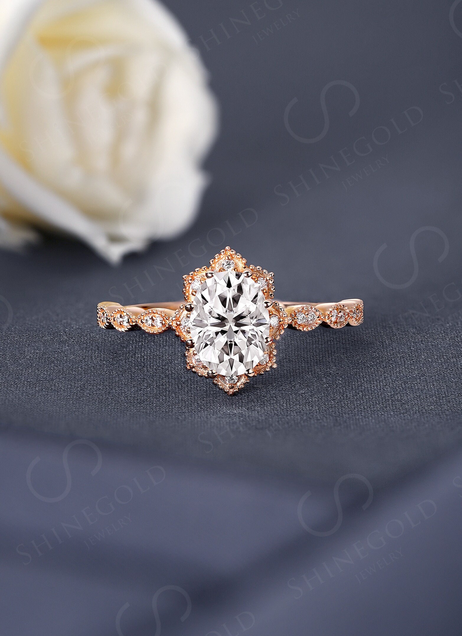 Vintage Oval Moissanite Verlobungsring Rosegold Art Deco Ehering Diamant Einzigartiger Versprechen Jahrestag Ring Milgrain Ring von BlessGem