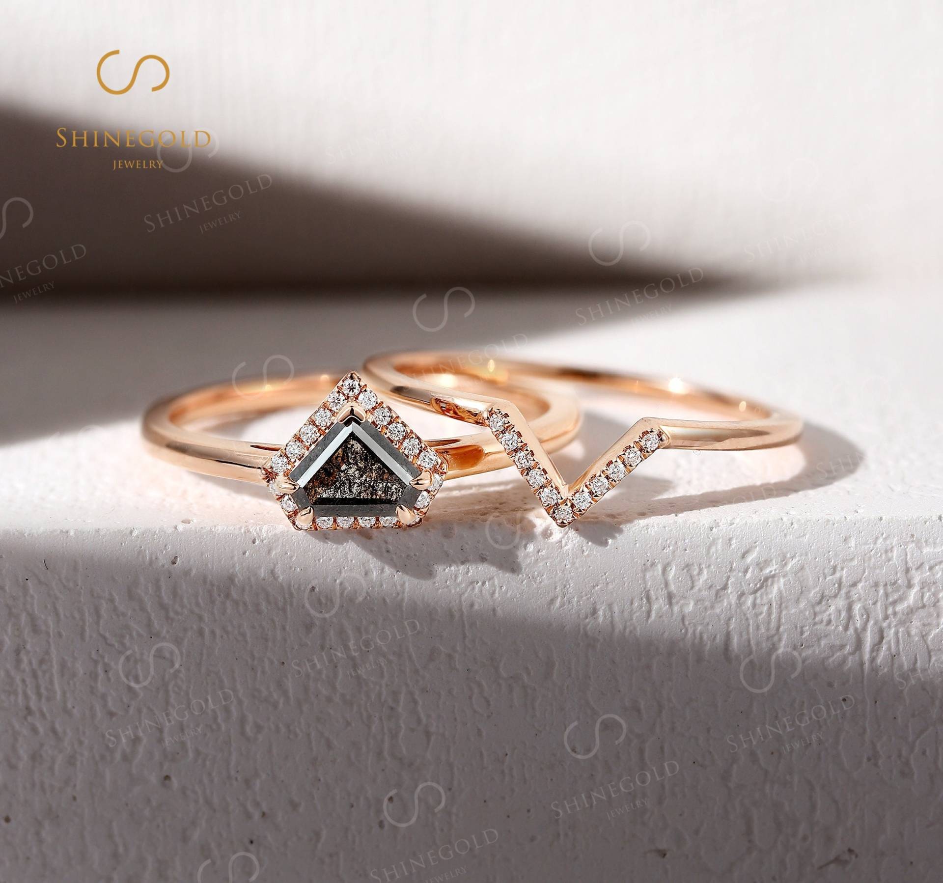 Vintage Salz Und Pfeffer Diamant Brautring, Einzigartiger Schildschliff Ring Rose Gold Ehering, Art Deco Moissanite Versprechen Set von BlessGem