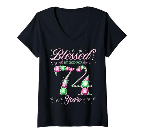Damen Von Gott für 74 Jahre gesegnete Geburtstagsparty zum 74. Geburtstag T-Shirt mit V-Ausschnitt Damen Von Gott für 74 Jahre gesegnete Geburtstagsparty zum 74. Geburtstag T-Shirt mit V-Ausschnitt von Blessed Birthday Celebration Pink & Green