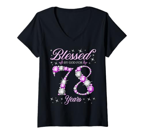 Damen Von Gott für 78 Jahre gesegnete Geburtstagsparty zum 78. Geburtstag T-Shirt mit V-Ausschnitt von Blessed Birthday Celebration Purple & Gray