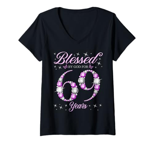 Damen Von Gott gesegnet für 69-jährige Geburtstagsparty zum 69. Geburtstag T-Shirt mit V-Ausschnitt von Blessed Birthday Celebration Purple & Gray