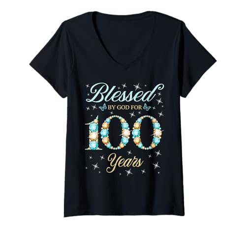 Damen Von Gott gesegnet für 100 Jahre Geburtstagsfeier zum 100. Geburtstag T-Shirt mit V-Ausschnitt Damen Von Gott gesegnet für 100 Jahre Geburtstagsfeier zum 100. Geburtstag T-Shirt mit V-Ausschnitt von Blessed Birthday Celebration
