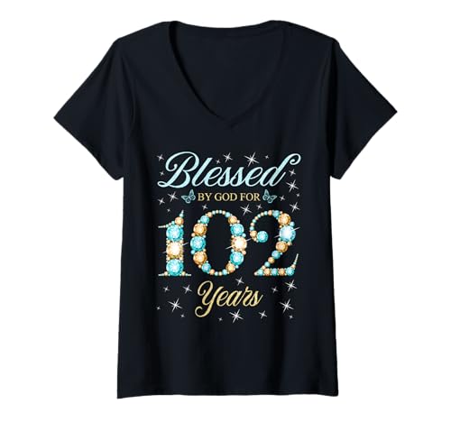 Damen Von Gott gesegnet für 102 Jahre alte 102-jährige Geburtstagsparty T-Shirt mit V-Ausschnitt Damen Von Gott gesegnet für 102 Jahre alte 102-jährige Geburtstagsparty T-Shirt mit V-Ausschnitt von Blessed Birthday Celebration