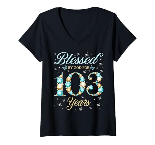 Damen Von Gott gesegnet für 103 Jahre, 103. Geburtstagsfeier T-Shirt mit V-Ausschnitt Damen Von Gott gesegnet für 103 Jahre, 103. Geburtstagsfeier T-Shirt mit V-Ausschnitt von Blessed Birthday Celebration