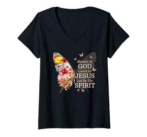 Damen Blessed By God Loved By Jesus Blume Schmetterling Christian T-Shirt mit V-Ausschnitt von Blessed By God Christian Religious Birthday Shirts