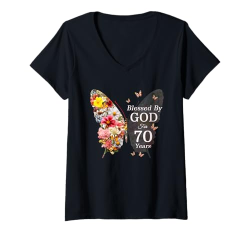 Damen Blessed by God for 70 Years Schmetterling Blume 70. Geburtstag T-Shirt mit V-Ausschnitt von Blessed By God Christian Religious Birthday Shirts