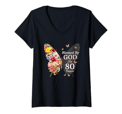 Damen Blessed by God for 80 Years Schmetterling Blume 80. Geburtstag T-Shirt mit V-Ausschnitt von Blessed By God Christian Religious Birthday Shirts