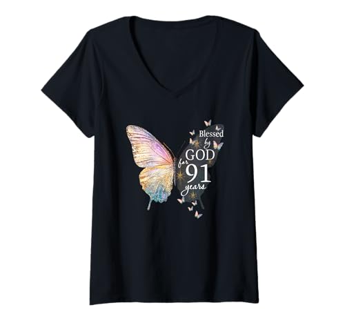 Damen Blessed by God for 91 Years Old Butterfly Art 91. Geburtstag T-Shirt mit V-Ausschnitt Damen Blessed by God for 91 Years Old Butterfly Art 91. Geburtstag T-Shirt mit V-Ausschnitt von Blessed By God Christian Religious Birthday Shirts
