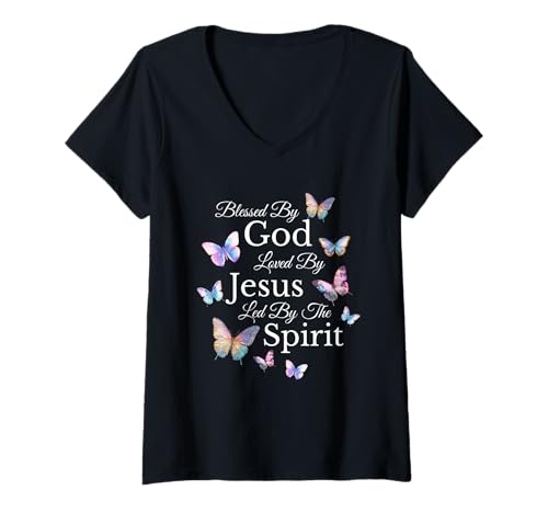 Damen Gesegnet von Gott, geliebt von Jesus, Schmetterling, religiöser Christ T-Shirt mit V-Ausschnitt Damen Gesegnet von Gott, geliebt von Jesus, Schmetterling, religiöser Christ T-Shirt mit V-Ausschnitt von Blessed By God Christian Religious Birthday Shirts