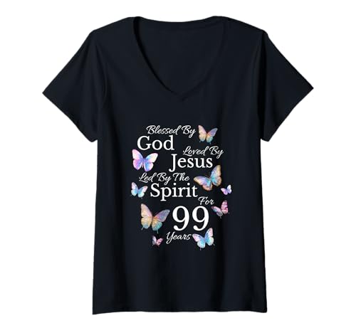 Damen Gesegnet von Gott, geliebt von Jesus zum 99. Geburtstag T-Shirt mit V-Ausschnitt Damen Gesegnet von Gott, geliebt von Jesus zum 99. Geburtstag T-Shirt mit V-Ausschnitt von Blessed By God Christian Religious Birthday Shirts