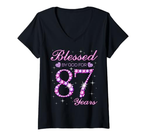 Damen Von Gott für 87 Jahre gesegnet, 87. Geburtstagsfeier T-Shirt mit V-Ausschnitt Damen Von Gott für 87 Jahre gesegnet, 87. Geburtstagsfeier T-Shirt mit V-Ausschnitt von Blessed By God Queen's Birthday Purple & Pink