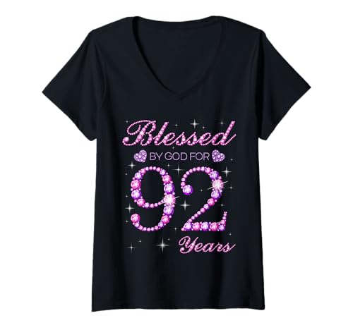 Damen Von Gott für 92 Jahre gesegnet, 92. Geburtstagsfeier T-Shirt mit V-Ausschnitt Damen Von Gott für 92 Jahre gesegnet, 92. Geburtstagsfeier T-Shirt mit V-Ausschnitt von Blessed By God Queen's Birthday Purple & Pink
