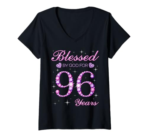Damen Von Gott für 96 Jahre gesegnet, 96. Geburtstagsfeier T-Shirt mit V-Ausschnitt Damen Von Gott für 96 Jahre gesegnet, 96. Geburtstagsfeier T-Shirt mit V-Ausschnitt von Blessed By God Queen's Birthday Purple & Pink